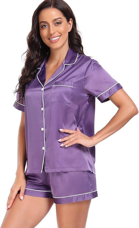 Women's Satin Pajama Set 2-Piece Sleepwear Loungewear Button Down Short Sleeve Silky PJ Set