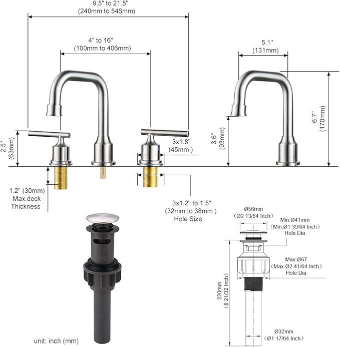 WOWOW 2 Handles 8 inch Widespread High Arc Bathroom Faucet Brushed Nickel Lavatory Faucet 3 Hole 360°Swivel Spout Modern Sink Basin Faucets