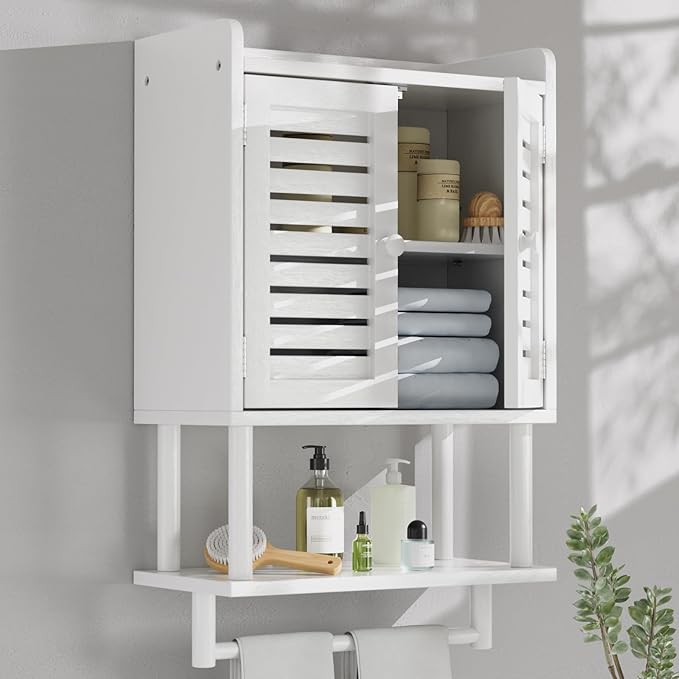 AmazerBath Bathroom Wall Cabinets, Bamboo Medicine Cabinets with Towel Bar, Hanging Over The Toilet Storage Cabinet with Adjustable Shelves, Organizer Cabinet for Small Spaces, 8.3x16.5x26.6 Inches