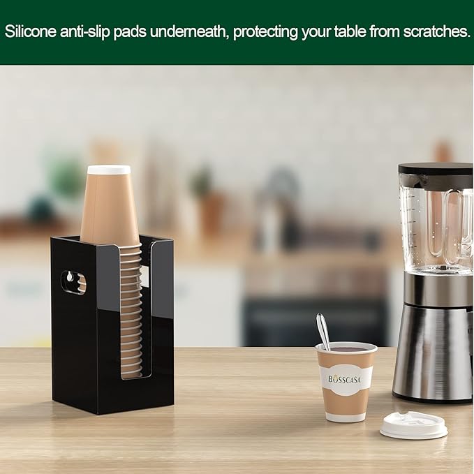 Disposable Coffee Cup Dispenser with Handles, Countertop or Wall Mount Hot/Cold Drink Cup and Lid Holder - Bathroom/Kitchen/Office Acrylic Cup Lid Storage Organizer (1 Compartment, Black)