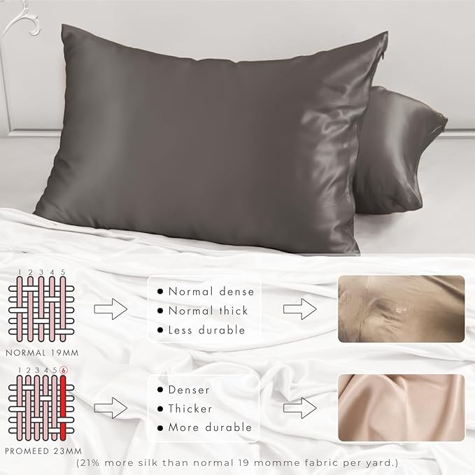 PROMEED Grey Silk Pillowcase Queen Size - Both Sides 23 Momme Grade 6A+Mulberry Silk Pillow Case Covers for Hair and Skin, Soft and Acne Free (Queen 20"x30", Grey)