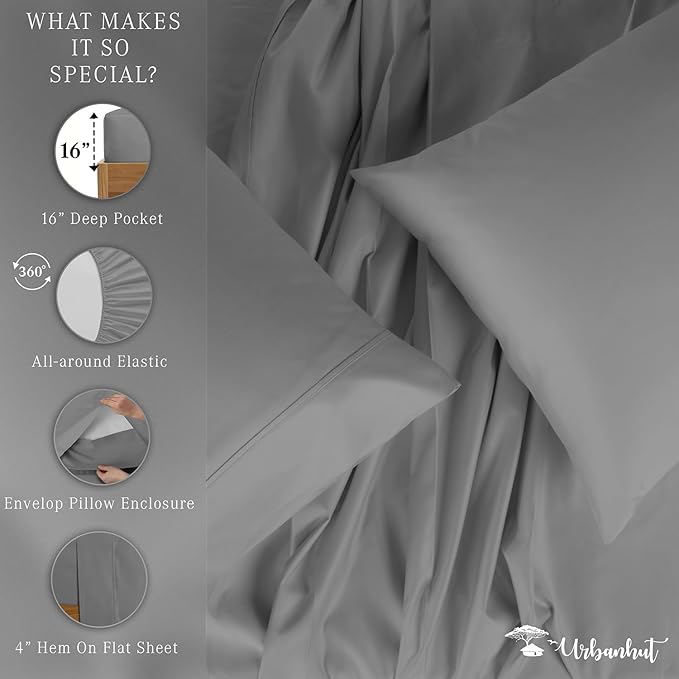 URBANHUT 700 Thread Count Egyptian Cotton Sheets King Size, 4Pc Sheet Set Soft Luxury Bed Sheets for King Size Bed, Sateen Weave Hotel Sheets, 16'' Elasticized Deep Pocket - Dark Grey