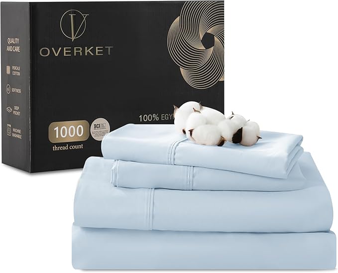 1000 Thread Count Egyptian Cotton Sheets Queen Size Set Sateen Weave Soft Breathable 16-Inch Deep Pocket 4PCS（Queen,Light Blue）