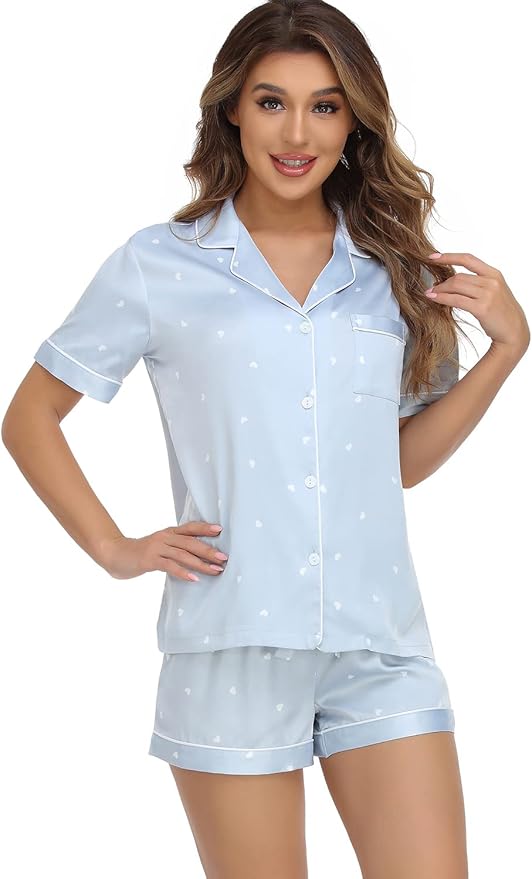 Women's Satin Pajama Set 2-Piece Sleepwear Loungewear Button Down Short Sleeve Silky PJ Set