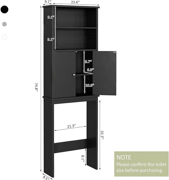 Meilocar Over The Toilet Storage Cabinet for Bathroom, 75in Black Over Toilet Cabinet Freestanding Storage Organizer, Space Saver with Doors and Adjustable Shelf, Black