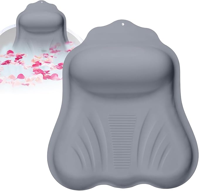 Silicone Bath Pillow for Tub Adults, 4D Air-Cushion Bathtub Pillow for Head Neck and Back Support, Non-Slip Suction Cups, Quick-Drying Waterproof Spa Pillow, Easy to Clean & Store (Gray