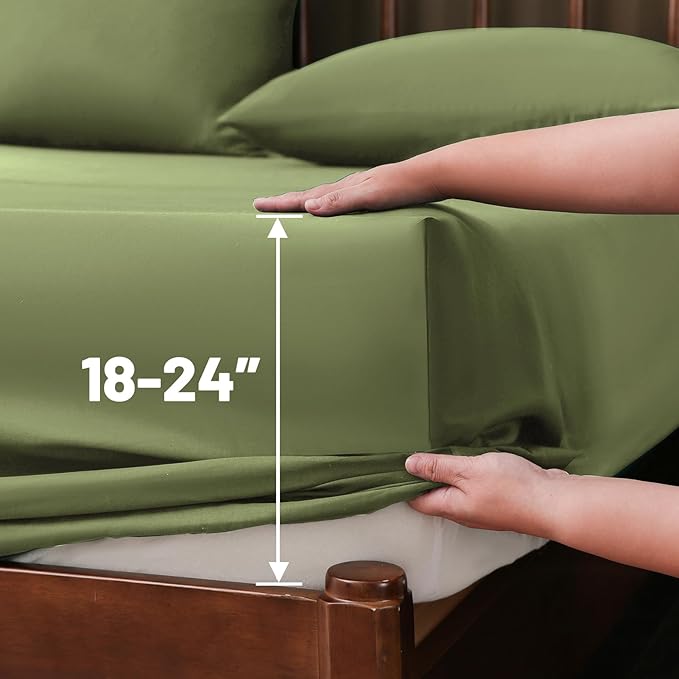 Extra Deep Pocket Queen Sheets 18-24 Inch 1000 Thread Count 100% Egyptian Cotton Sateen Weave Soft Breathable 4 Pieces（Queen,Olive Green）