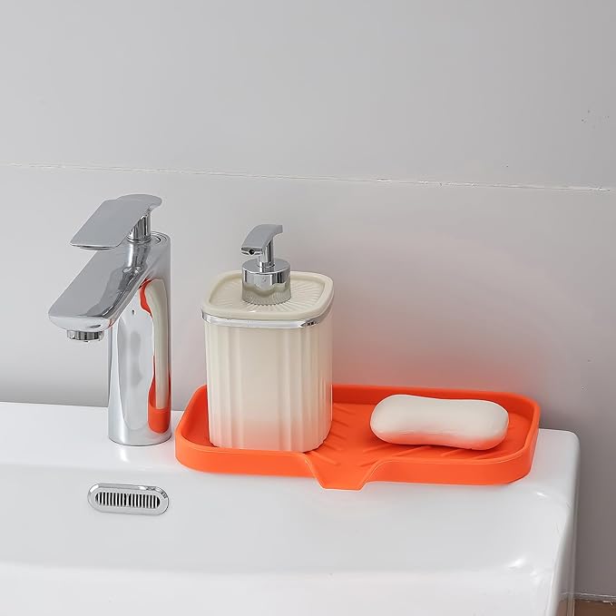 Silicone Bathroom Soap Dishes with Drain Spout-Bathroom and Kitchen Sink Organizer,Sponge Holder,Dish Soap Tray,Perfect for Dispenser,Scrubber,Bottle,Cup on Sink or Counter-Orange 9.6"×5.3"