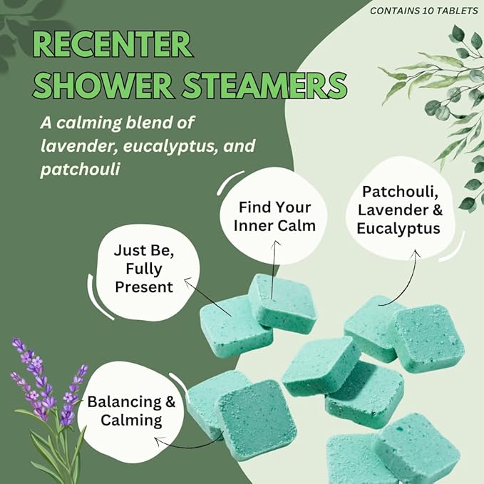 Recenter Shower Steamers Aromatherapy for Relaxing - Christmas Gift - Adult Stocking Stuffer - USA Made - Lavender & Eucalyptus Shower Bomb Tablets - Soothing Natural Essential Oils (10 Pack)