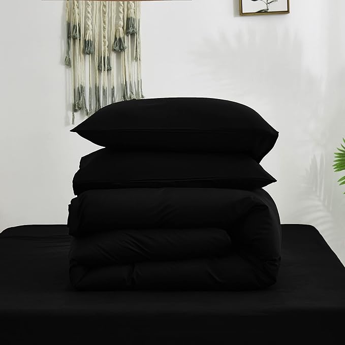 Cottonight Black Comforter Set Full Men Boys Black Bedding Set Modern Dark Color Soft Quilts Blanket Modern Gothic 3 Piece Plain Comforter for Women Men Full Bed
