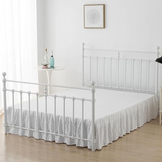 Bed Skirt Full Size，Ruffled White Bed Skirt with Split Corners，Full Bed Skirt 16 Inch Drop, Boho Tufted Shabby Chic Full Size Bed Skirt, Bed Skirt Full Size