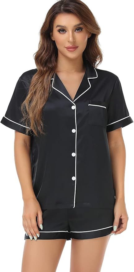 Women's Satin Pajama Set 2-Piece Sleepwear Loungewear Button Down Short Sleeve Silky PJ Set