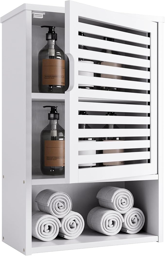 HITNET Bathroom Cabinet Over Toilet, White Medicine Cabinet, Hanging Cupboard with Single Door and Open Bottom Shelf, Wall Mounted Bamboo Storage Organizer