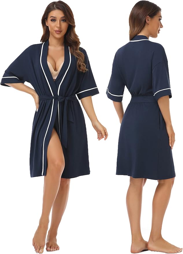 COLORFULLEAF Womens Bamboo Short Robes Lightweight Kimono Cotton Robe Soft Knit Bathrobe Ladies Loungewear with Pockets
