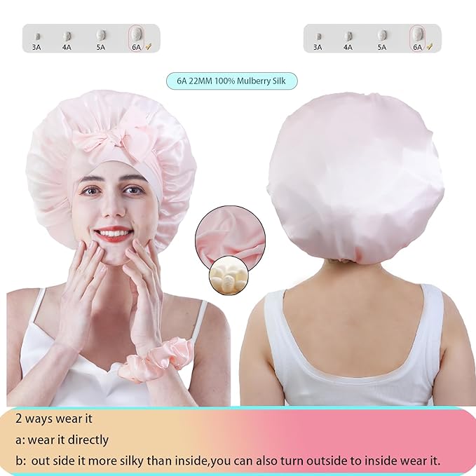 Cocheng Silk Bonnet for Sleeping Large mulberry Sleep Cap Adjustable & Breathable Bonnet for Curly Hair Silk Hair Cap for Sleeping with Wide Tie Band