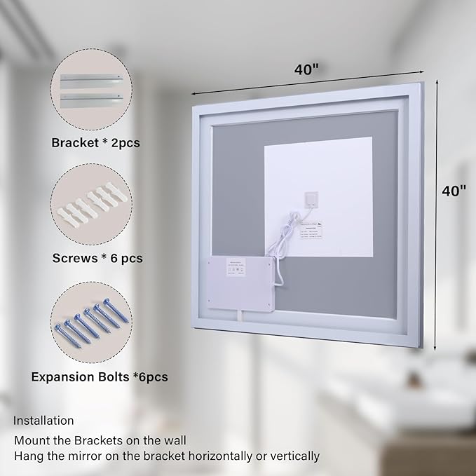 40"x 40" LED Bathroom Mirror, Backlit + Front Lit, LED Bathroom Mirror with Lights for Wall, 3 Colors, Anti-Fog, Dimmable Brightness, Memory Function, Tempered Glass