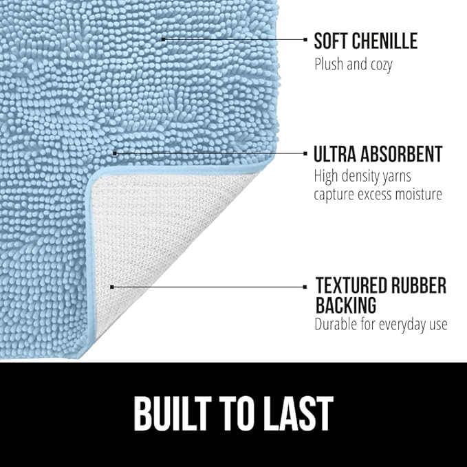 GORILLA GRIP Bath Rug Mat 30x20, Soft Absorbent Chenille, Quick Dry Microfiber Mats, Rubber Backing Washable Shower Floor Rugs, Bathmat Runner, US Designed Bathroom Home Decor Accessories Sky Blue