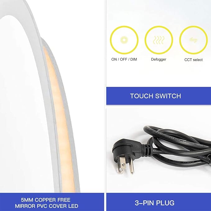 Wall-Mounted LED Oval Bathroom Mirror, Makeup Mirror (28 inches x 20 inches,) 3 Color Stepless Dimmable Memory Bathroom Vanity Mirror with Lights CRI90+ 3000-6400K Smart Mirror with Touch