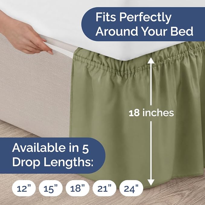 Wrap Around Dust Ruffle Bed Skirt - Sage Green - for Full Size Beds with 18 Inch Drop - Elastic Strap - Adjustable Pleated Bedskirt with Brushed Fabric and Wrinkle Free - for Women, Men, Kids & Teens