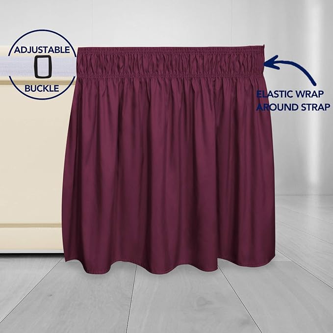 PureFit Wrap Around Ruffled Bed Skirt with Adjustable Elastic Belt - 22 Inch Drop Easy to Put On, Wrinkle Free Bedskirt Dust Ruffles, Bed Frame Cover for Queen, King and C-King Size Beds, Wine