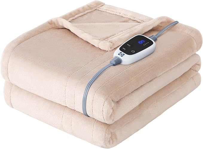 Sealy Electric Blanket Heated Throw, Soft Flannel Heated Blanket with 6 Heating Settings & 2-10 Hours Auto Shut Off, Fast Heating & Machine Washable, 50x60 Inch, Beige
