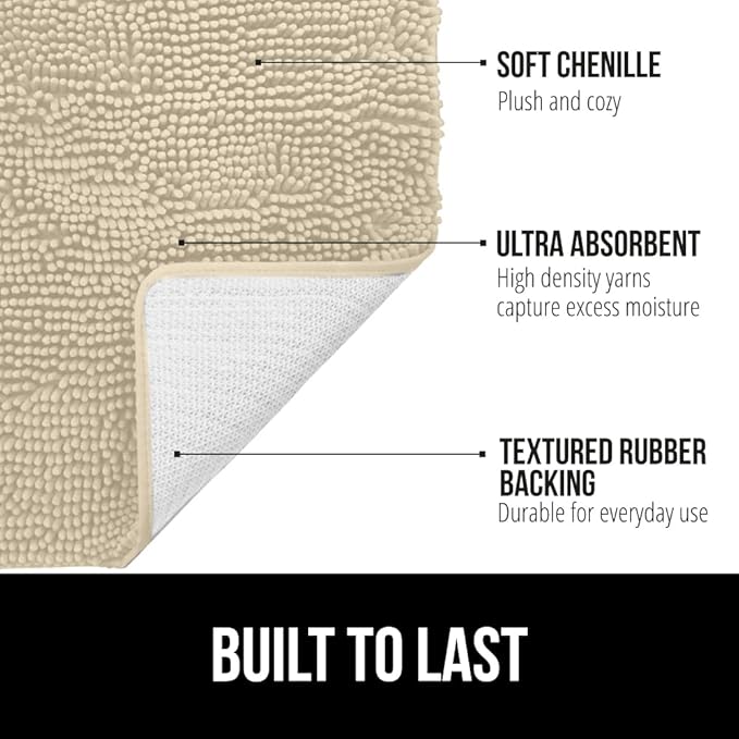 GORILLA GRIP Bath Rug Mat 44x26, Thick Soft Absorbent Chenille, Quick Dry Microfiber Mats, Rubber Backing Washable Shower Floor Rugs, Bathmat Runner, US Designed Bathroom Home Decor Accessories Sand
