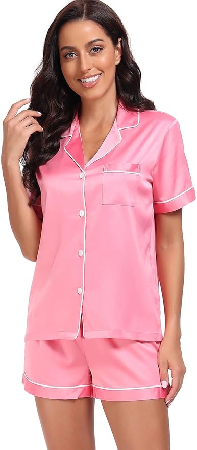 Women's Satin Pajama Set 2-Piece Sleepwear Loungewear Button Down Short Sleeve Silky PJ Set