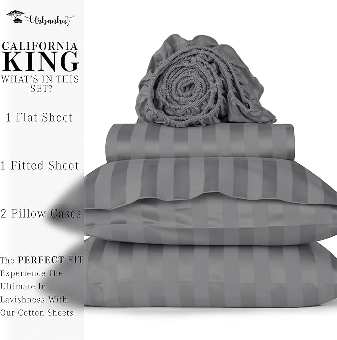 URBANHUT 1000 Thread Count Egyptian Cotton Sheets Damask Striped California King Size, Long Staple Soft & Breathable, 4 Pc Bed Sheet Sets, Luxury Hotel Sateen Sheets Fits 16" Deep Pocket - Dark Grey