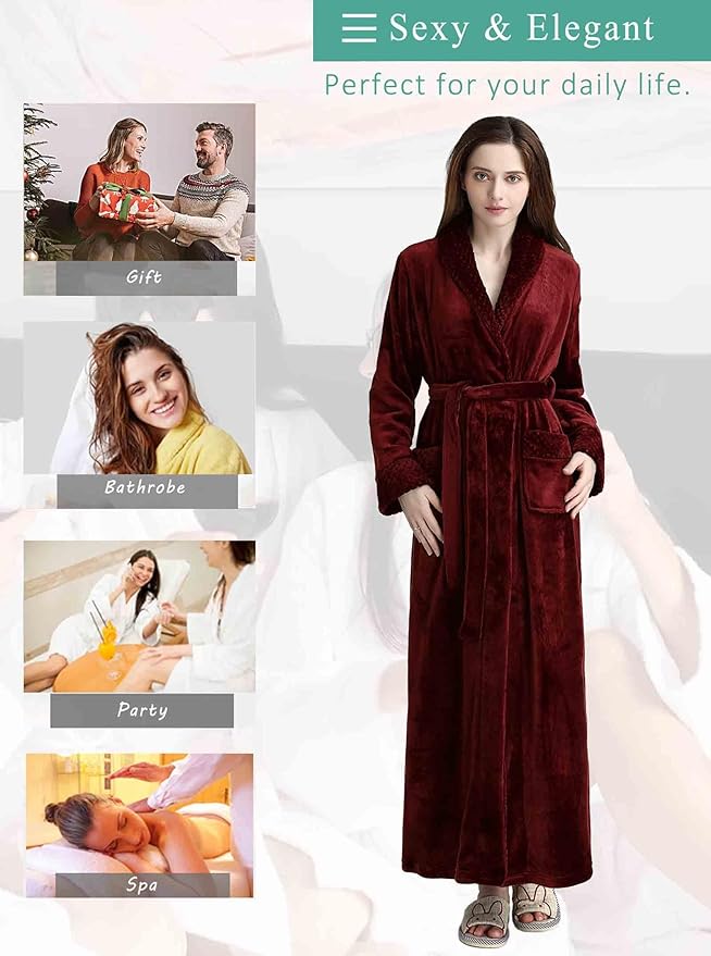 Artfasion Womens Long Fleece Robe - Warm Soft Floor Length Flannel Bathrobes for Winter Thicker Long House Coat with Pockets
