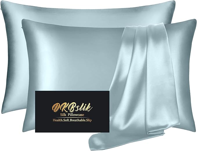 Silk Pillowcase 2 Pack, Mulberry Silk Pillow Cases Queen Size Set of 2, Anti Acne Silk Pillowcase for Hair and Skin, Natural Silk Satin Pillowcases Gifts for Women Men 2 Pack with Zipper, Aqua Blue