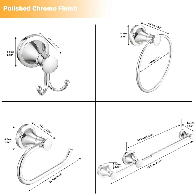 Hoimpro Chrome 4-Piece Bathroom Bath Set, Wall Mount Bathroom Hardware Fixture (Adjustable Towel Bar Rack, Towel Ring Holder, Paper Towel Holder, Double Towel Hook), Bathroom Accessories
