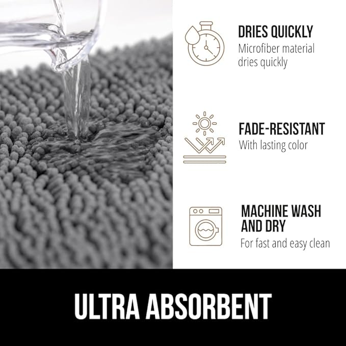 GORILLA GRIP Bathroom Rug Sets 3 Piece, Bath Mat Set and Oval Toilet Base with Rubber Backing, Plush Absorbent Shaggy Chenille Washable Mats, Includes 24x19.5, 24x17 and 36x24 Inch Rugs, Grey