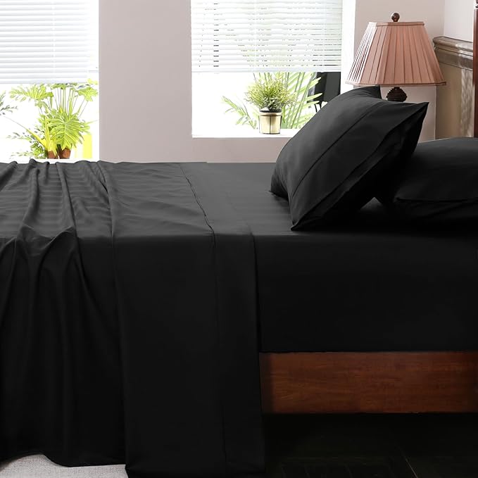 Extra Deep Pocket King Sheets 18-24 Inch 1000 Thread Count 100% Egyptian Cotton Sateen Weave Soft Breathable 4 Pieces（King，Black）
