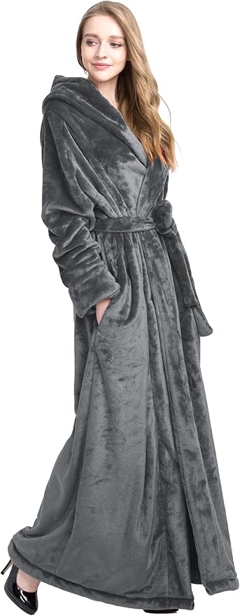Women's Plush Robe Extra Long Robe with Pockets Thicken Soft Warm Bathrobe