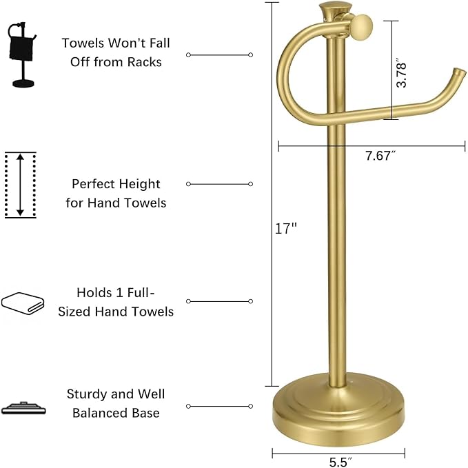 BESy 17 Inch Brushed Gold Stand Towel Bar Hanger Hand Towel Bar Bathroom Vanity Countertop Towel Holder Free Standing Stainless Steel Towel Ring Hardware Accessories Towel Rack