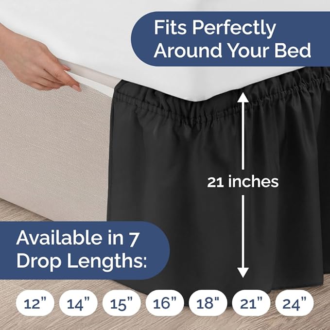 Wrap Around Dust Ruffle Bed Skirt - Black - for Full Size Beds with 21 Inch Drop - Easy Fit Elastic Strap - Adjustable Pleated Bedskirt w/Brushed Fabric - Wrinkle Free - for Women, Men, Kids & Teens