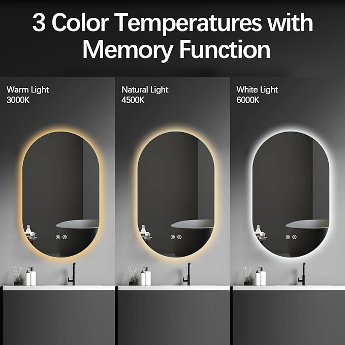 Niccy Oval LED Bathroom Vanity Mirror, 36x22inch Frameless Backlit Mirror with Light, Smart Anti-Fog Waterproof Mirror with Memory Function Dimmable Lighted Mirror