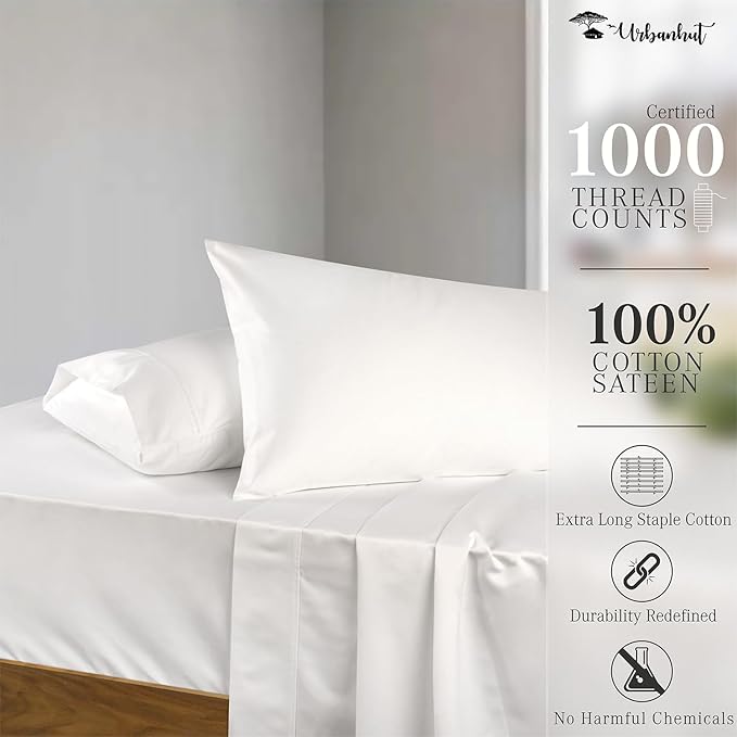URBANHUT 1000 Thread Count Egyptian Cotton Sheets Full Size, Long Staple Soft & Breathable, 4 Pc Bed Sheet Sets, Luxury Hotel Sateen Sheets Fits 16" Deep Pocket - White