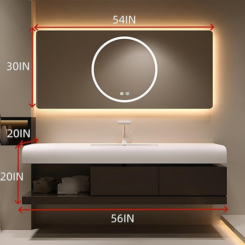 56IN Bathroom Vanity with Sink - Bathroom Cabinet Set has 2 Drawers & Overflow Hole Wall Mounted | LED Practical Defogging Mirror, Open Compartments, Seamless Rock Slab Basin (Coffee)
