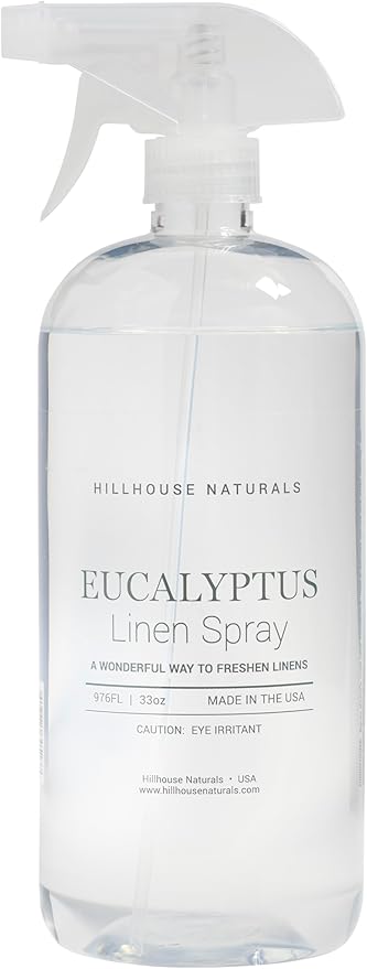 Hillhouse Naturals 1 liter Eucalyptus Linen Mist Aromatherapy Spray for Relaxation and Sleep. With scents of spearmint, eucalyptus, rosemary and our special floral blend. Made in the USA
