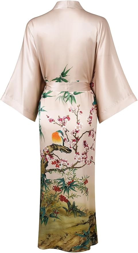 Women's Silk Kimono Robe Long Bathrobe Nightgown 100% Mulberry Silk for Women - Classic Floral Pattern