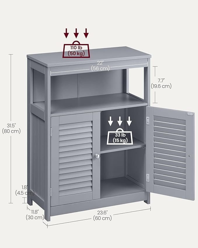 VASAGLE Floor Storage Cabinet, Freestanding Storage Unit with Double Shutter Doors and Adjustable Shelf, for Living Room, Bathroom, Entryway, Kitchen, Dove Gray UBBC040G02