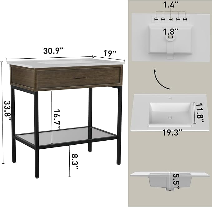 30 Inches Bathroom Vanity with Resin Sink, Single Sink Modern Cabinet Set, Stainless Steel Frame with Tempered Glass Open Shelf, Freestanding Bathroom Storage Cabinet Combo, Black