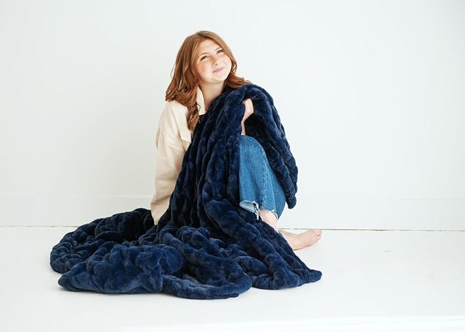Minky Couture Hugs Blanket - Extra Plush Blanket for Premium Gifting - Stretchy Bubbled Cozy Throw - Silky Smooth - Durable & Machine-Washable - Travel-Friendly - Travel, Navy