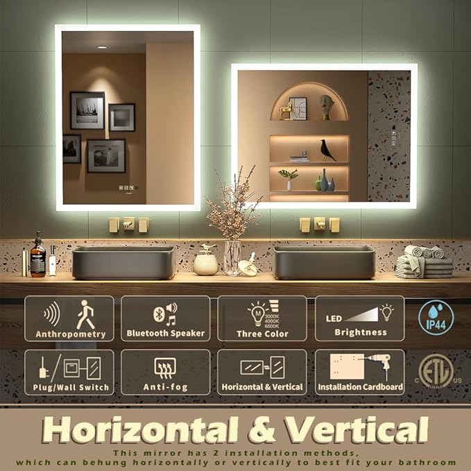 20 x 28 inch LED Bathroom Mirror with Bluetooth Speaker, Induction Switch Light Smart Vanity Mirror Wall Mounted, IP44 Waterproof Anti Fog Vertical & Horizontal