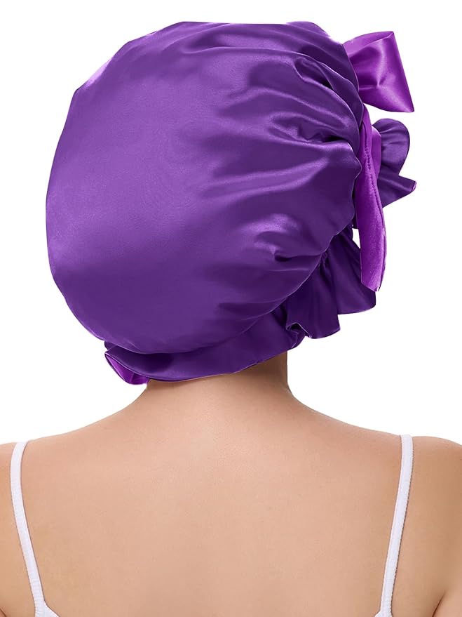 Cute Adjustable Silk Bonnet for Sleeping Double Layer Satin Cap Hair Sleep Bonnet for Curly Hair Purple