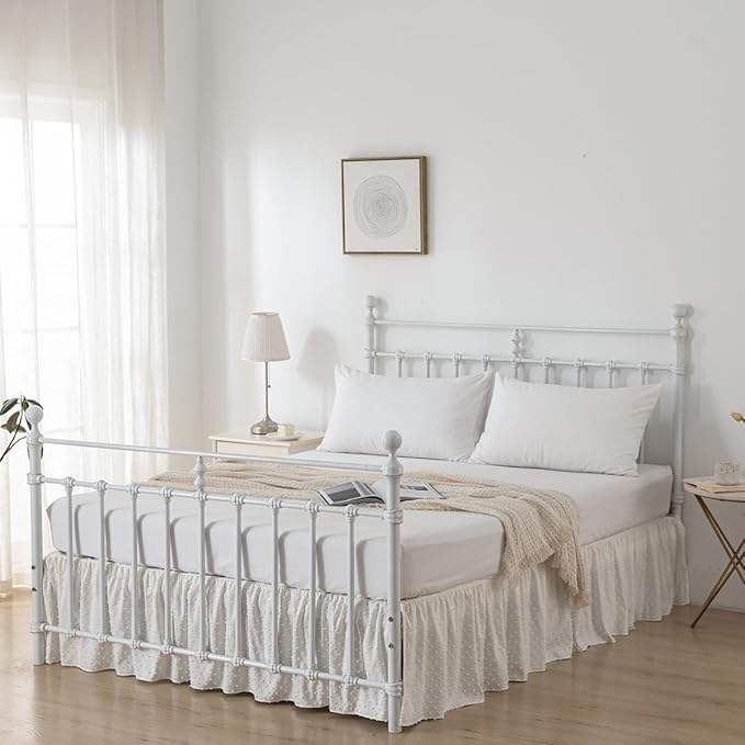 Tufted Dot Bed Skirt King Size Ruffled Bed Skirt with Split Corners, 14 Inch Drop Dust Ruffle Bed Skirts with Platform, Ivory