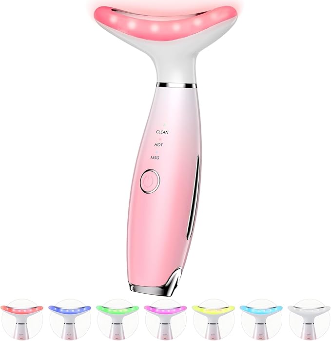 7 Color Galvanic Machines - Red Light Therapy for Face and Neck, Face Massager Tool for Wrinkles, Double Chin, Vibrating Facial Massager with Thermals, Pink