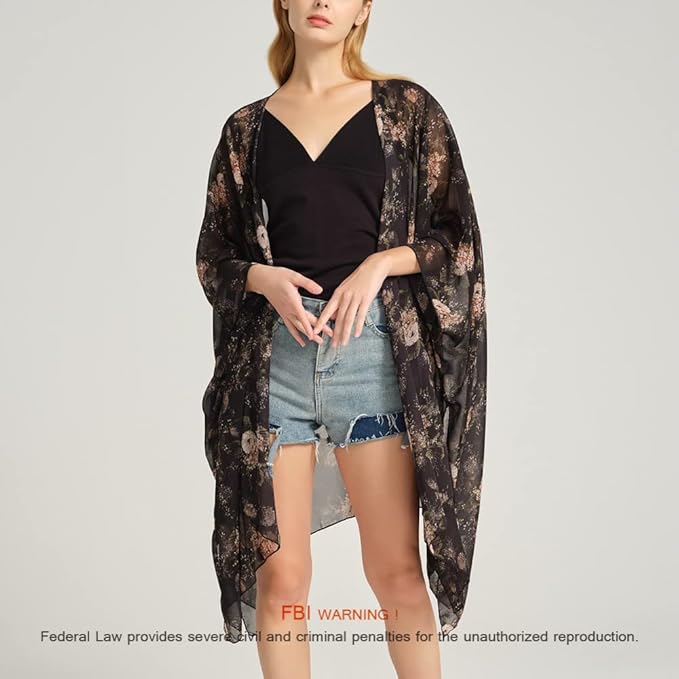Women's Bohemian Floral Chiffon Beach Cover up Swimsuit Kimono Summer Swimwear Cardigans