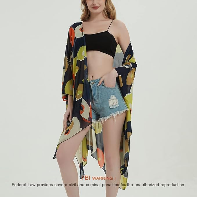 Women's Bohemian Floral Chiffon Beach Cover up Swimsuit Kimono Summer Swimwear Cardigans